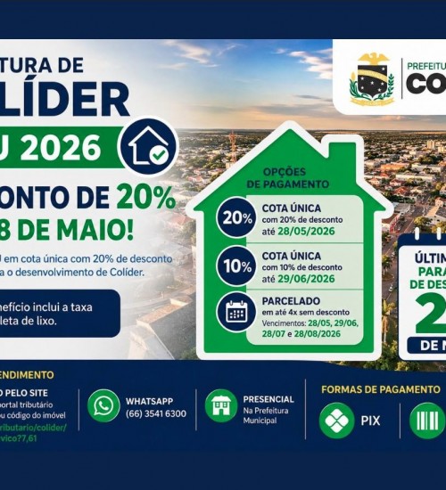 Prefeitura de Colíder mantém desconto de 20% no IPTU até 28 de maio
