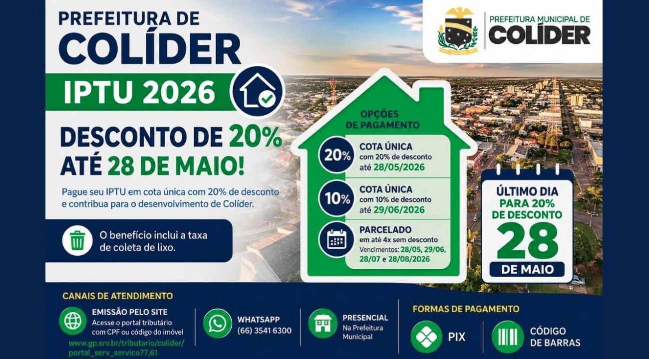 Prefeitura de Colíder mantém desconto de 20% no IPTU até 28 de maio